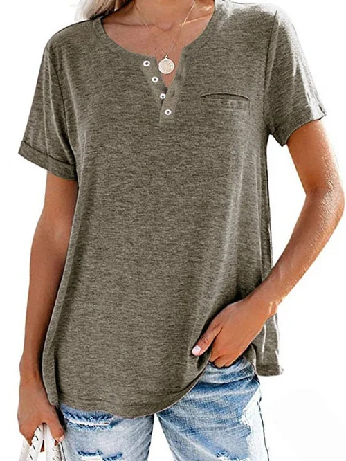 Dames T-shirt – Casual T-shirt met knoopdetail en borstzakje
