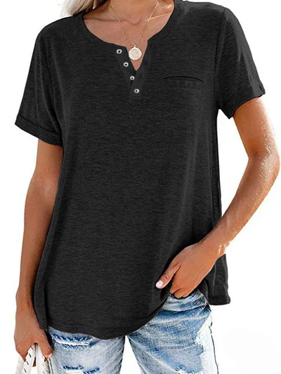 Dames T-shirt – Casual T-shirt met knoopdetail en borstzakje