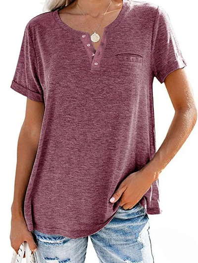 Dames T-shirt – Casual T-shirt met knoopdetail en borstzakje