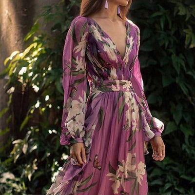 Luna - elegant bloemen lange mouwen maxi jurk