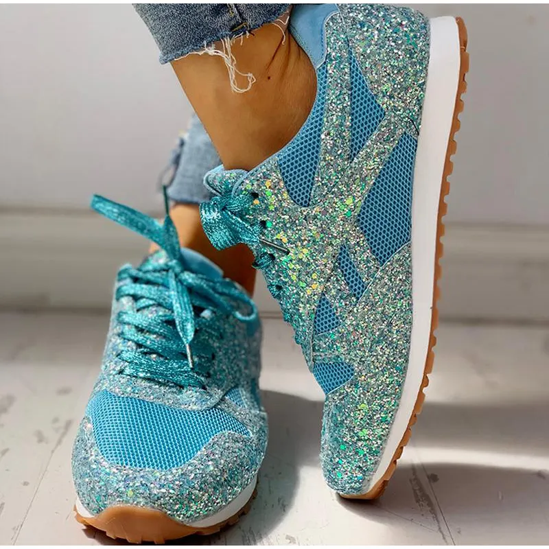Dames sneakers met glitters – Mesh inzetstukken en vetersluiting