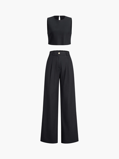 Tweedelige dames set – Mouwloze cropped top en wijde pantalon