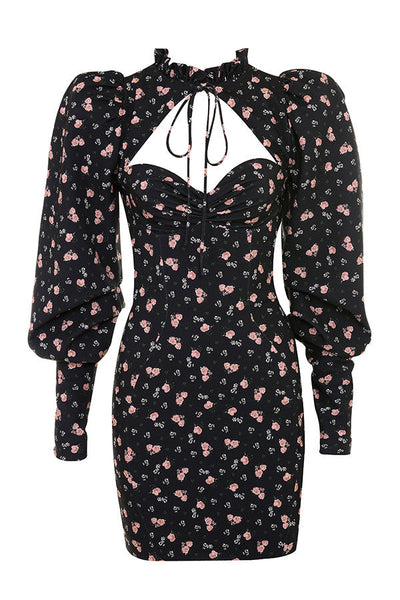 Raven | Elegante Mini Jurk met Bloemenprint en Pofmouwen