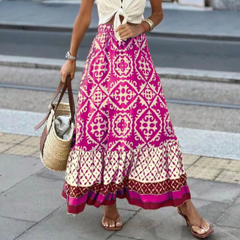 Juliana - Maxi skirt with ethnic pattern and ruffled hem