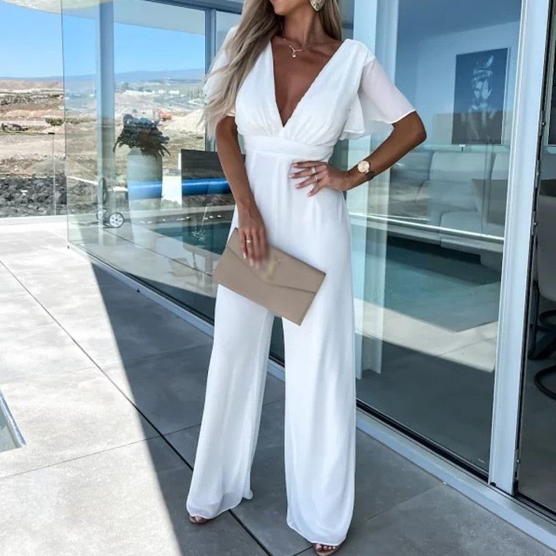 Hellen - Deep V-neck wide leg jumpsuit