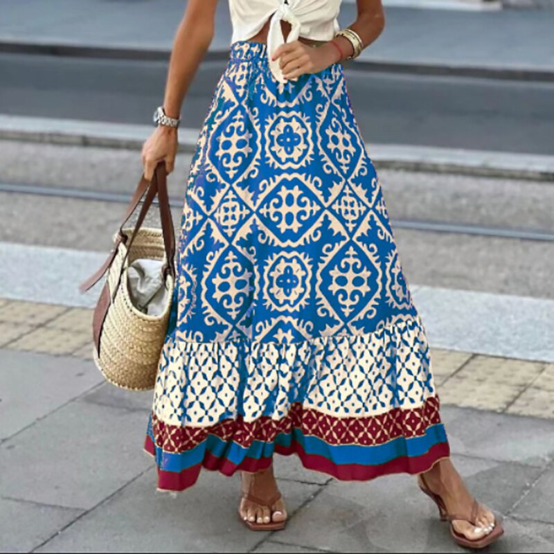 Juliana - Maxi skirt with ethnic pattern and ruffled hem