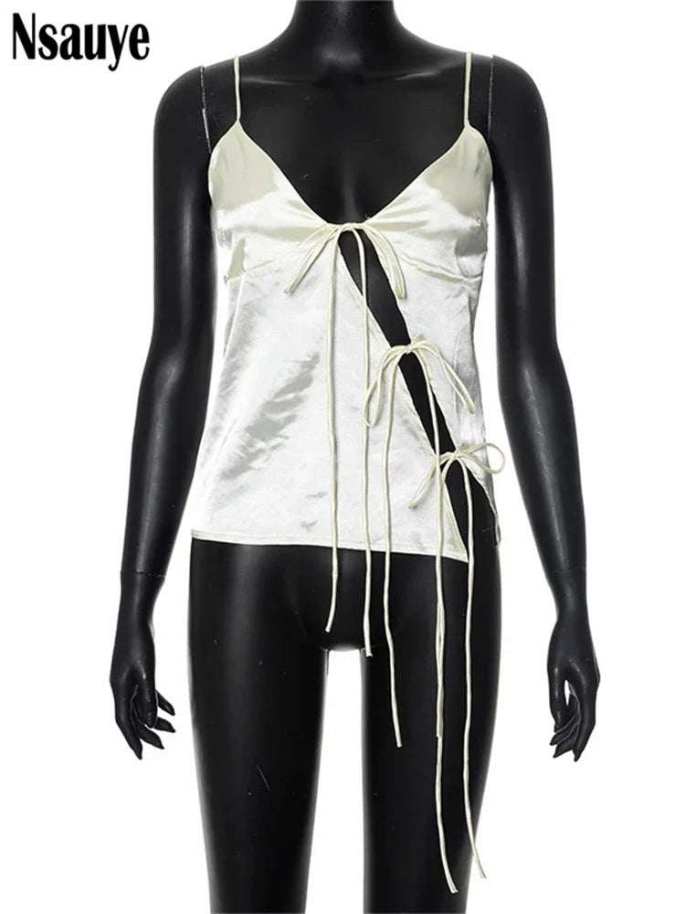 Gwyneth - Satin Tie-Up Hollow Out Crop Top