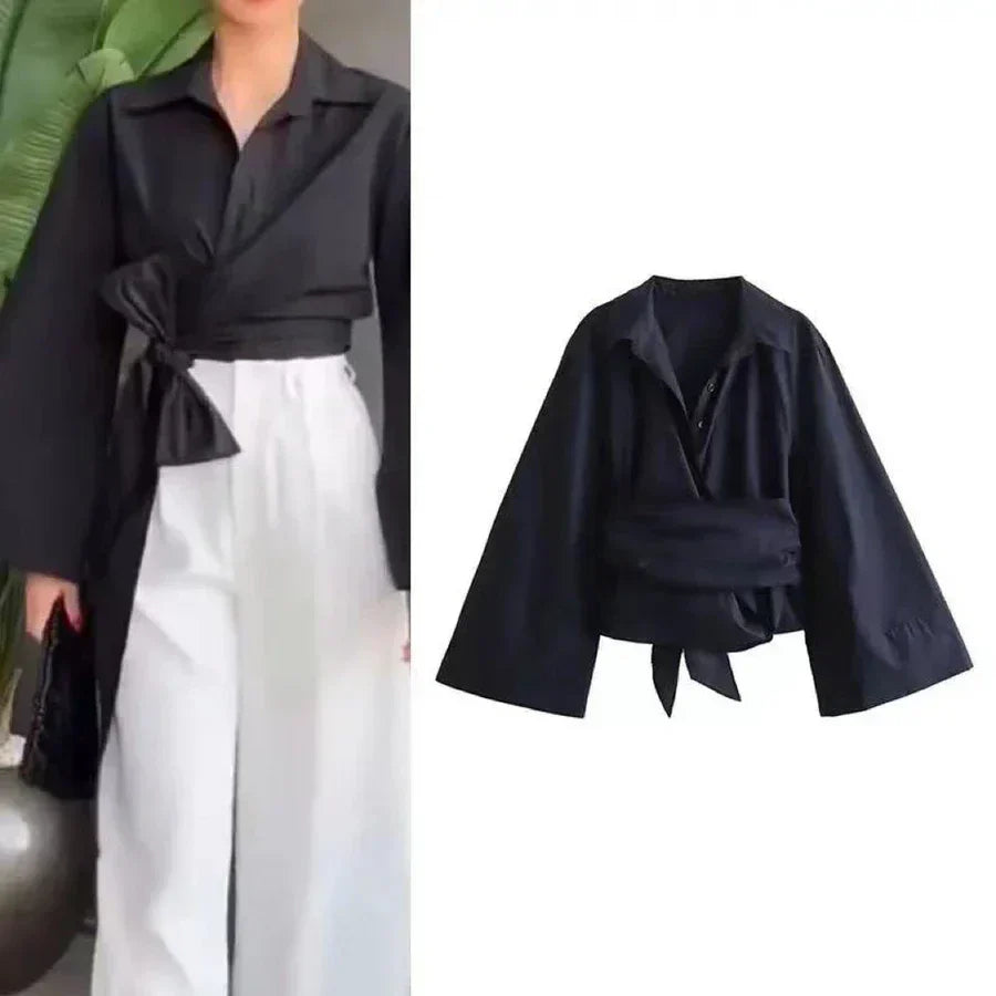 Ivka - Women's T-shirt with polo neck and tie closure