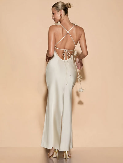 Samantha | Elegante Maxi Jurk met Bloemendetail en Open Rug