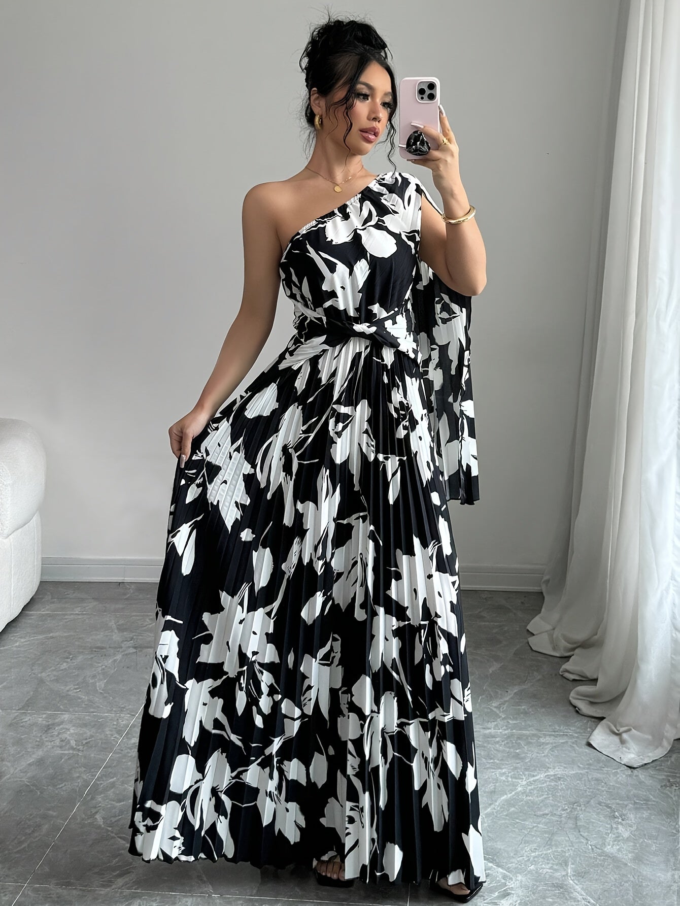 Sandra | Elegante Maxi Jurk met One-Shoulder en Bloemenprint
