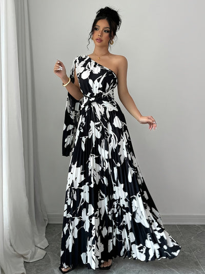 Sandra | Elegante Maxi Jurk met One-Shoulder en Bloemenprint
