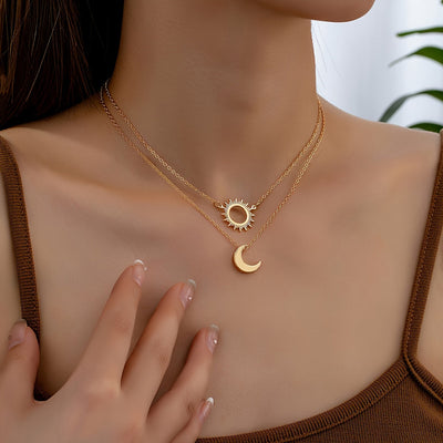 Sanne | Verfijnde Dubbele Ketting met Zon & Maan Hanger