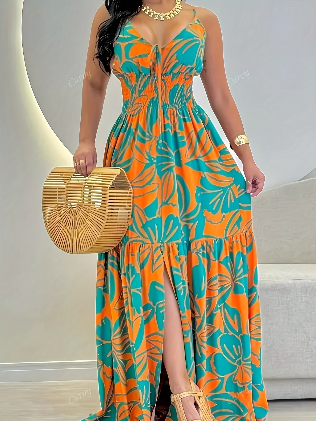 Sarah | Elegante Tropische Bloemenprint Halter Maxi Jurk met Knoopriem