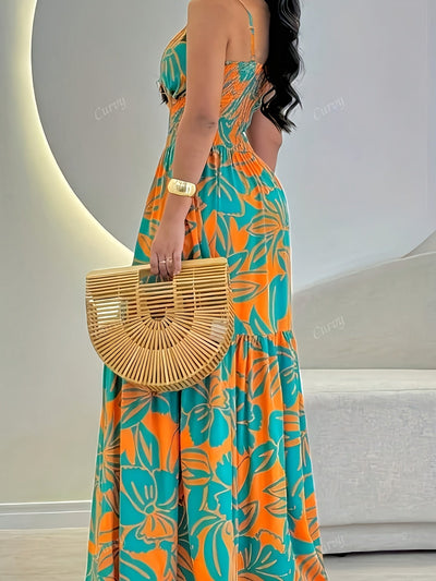Sarah | Elegante Tropische Bloemenprint Halter Maxi Jurk met Knoopriem