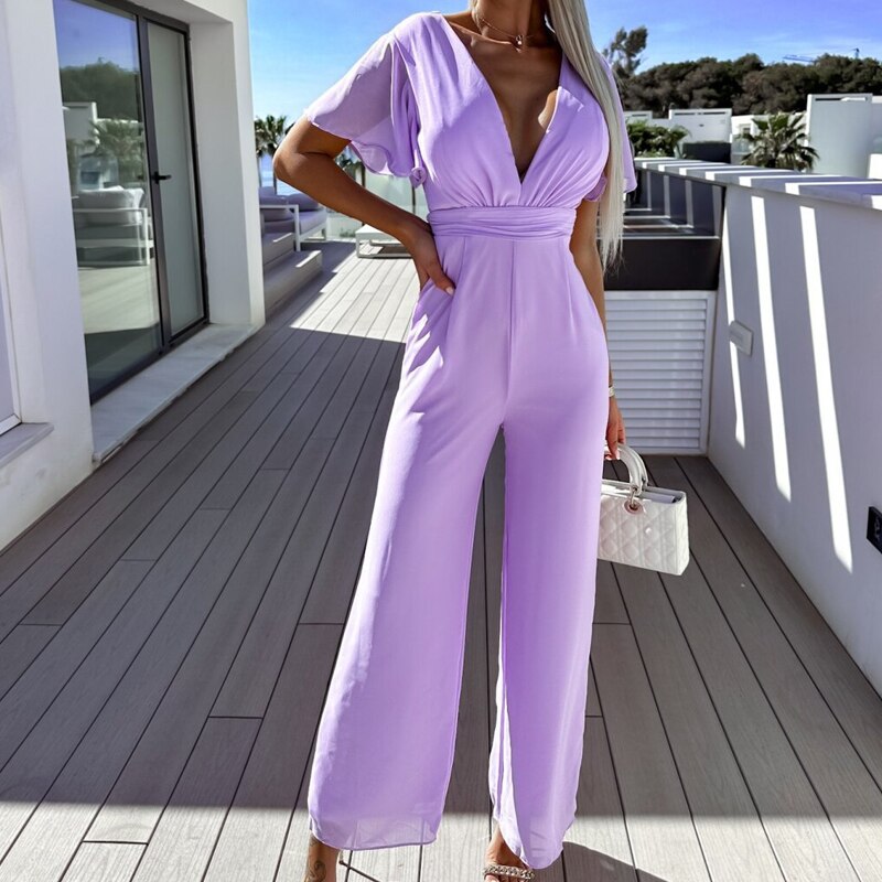 Hellen - Deep V-neck wide leg jumpsuit