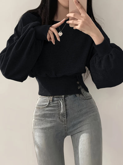 Selena | Trendy Sweater met Knoopdetails en Ballonmouwen