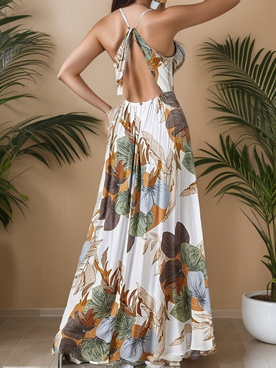 Shania | Tropische Maxi Jurk met Bladerprint en Open Rug