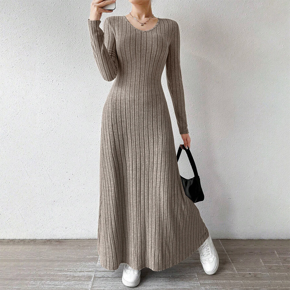 Sydney | Elegante Geribbelde Maxi Jurk met Lange Mouwen