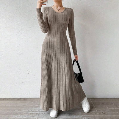 Sydney | Elegante Geribbelde Maxi Jurk met Lange Mouwen