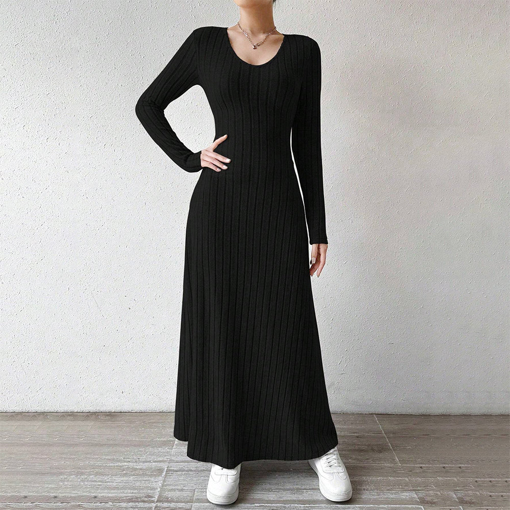 Sydney | Elegante Geribbelde Maxi Jurk met Lange Mouwen