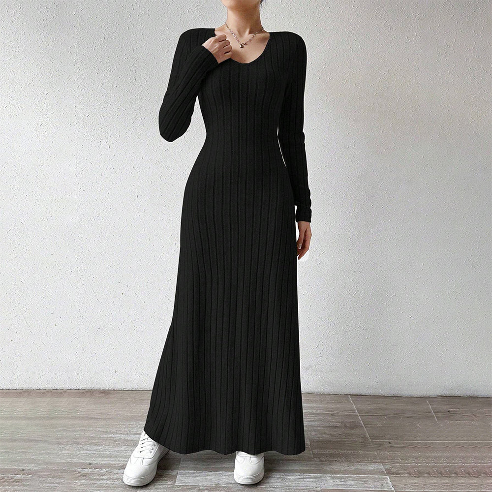 Sydney | Elegante Geribbelde Maxi Jurk met Lange Mouwen