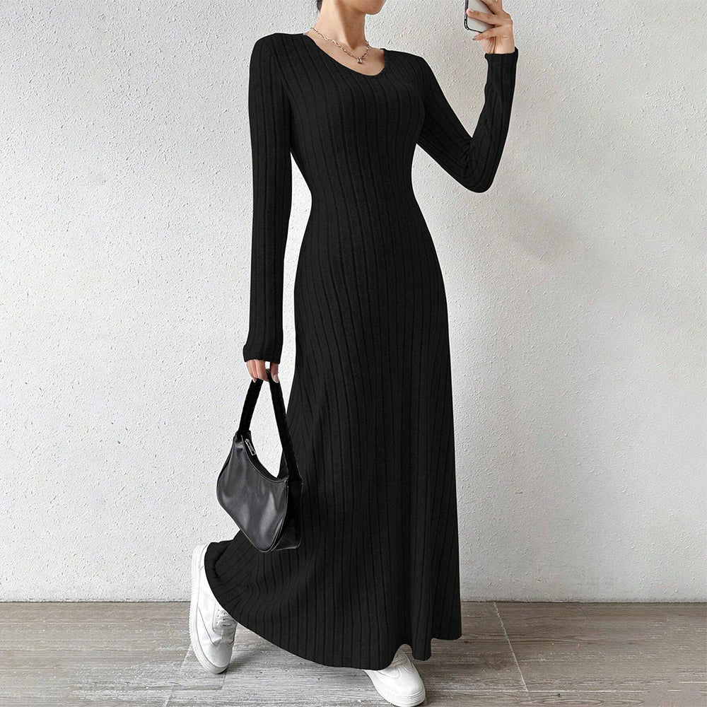 Sydney | Elegante Geribbelde Maxi Jurk met Lange Mouwen