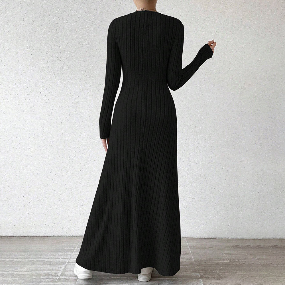 Sydney | Elegante Geribbelde Maxi Jurk met Lange Mouwen