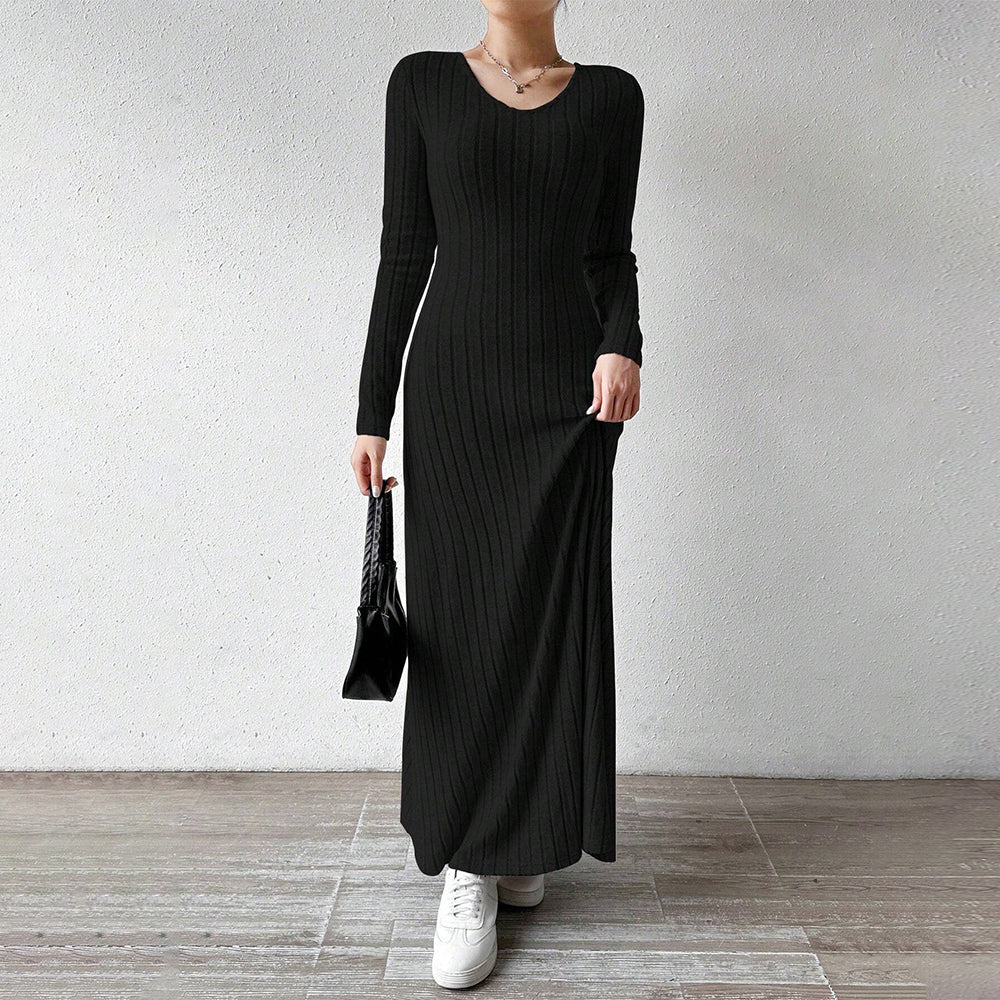 Sydney | Elegante Geribbelde Maxi Jurk met Lange Mouwen