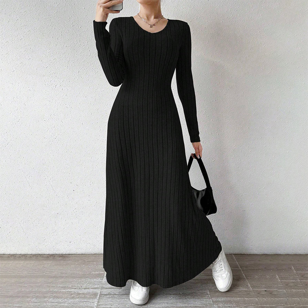 Sydney | Elegante Geribbelde Maxi Jurk met Lange Mouwen