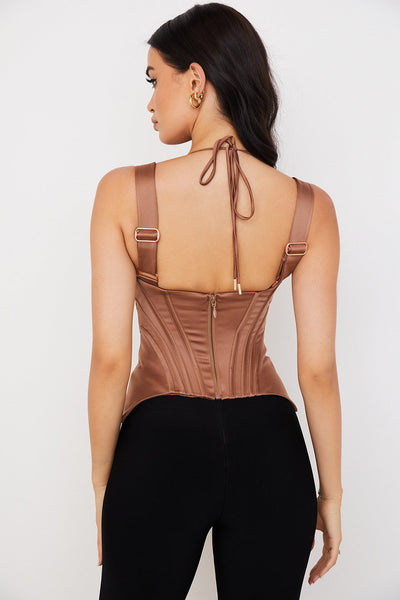 Helvara - Toffee Satin Corset with Peplum
