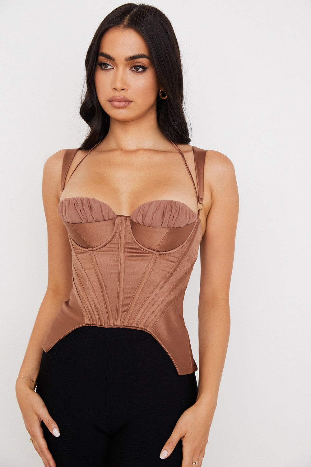 Helvara - Toffee Satin Corset with Peplum