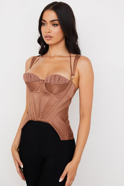Helvara - Toffee Satin Corset with Peplum