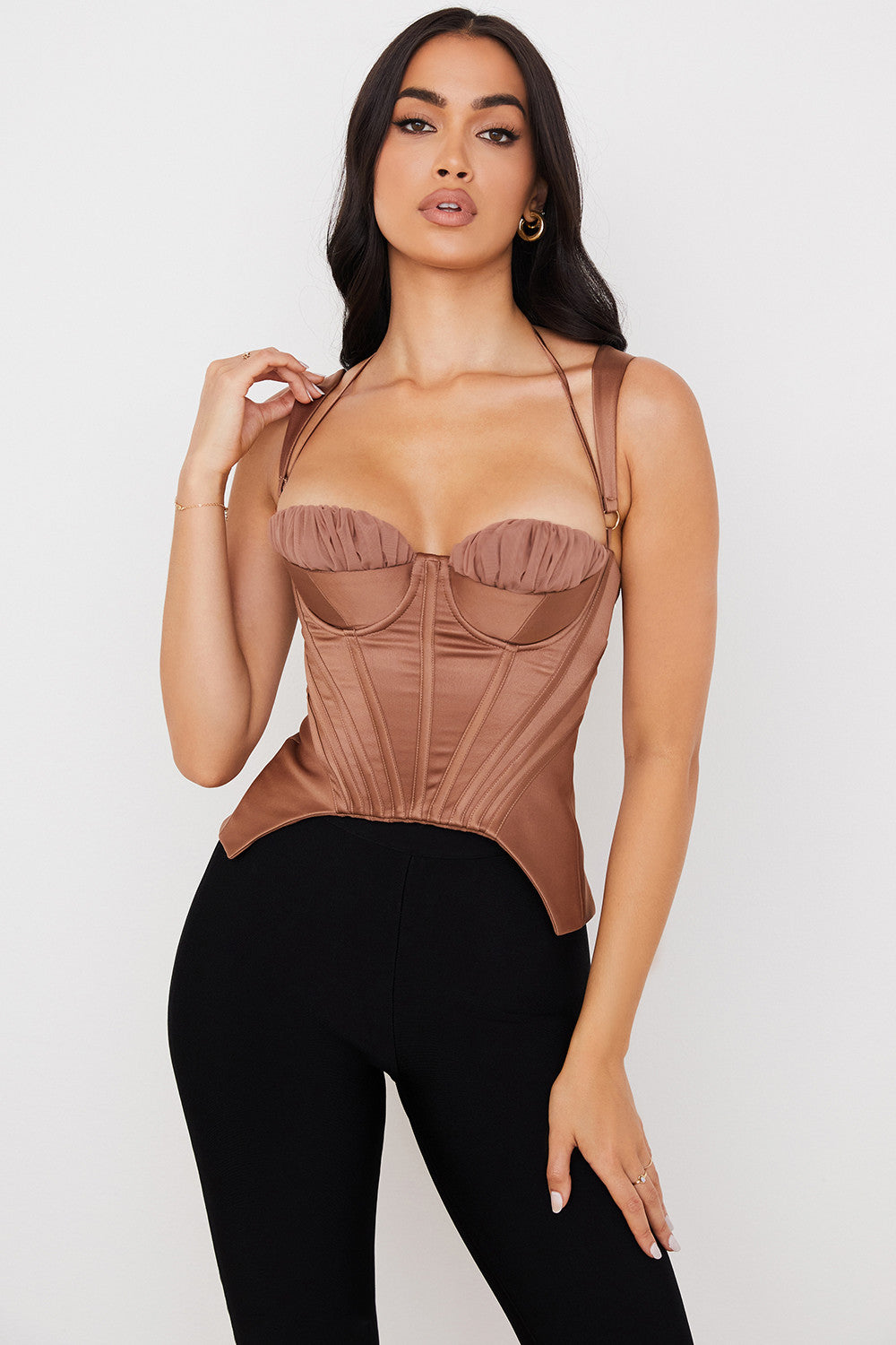 Helvara - Toffee Satin Corset with Peplum