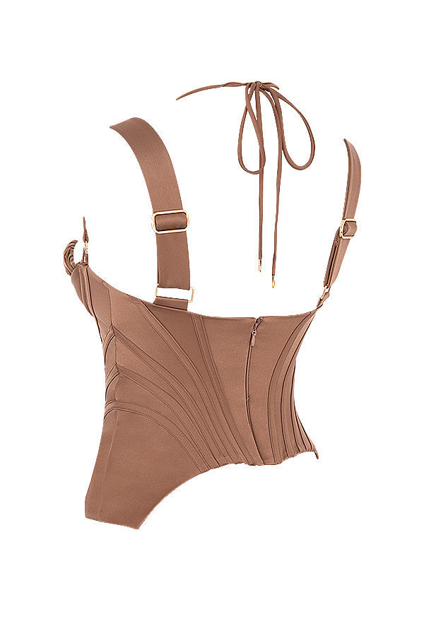 Helvara - Toffee Satin Corset with Peplum