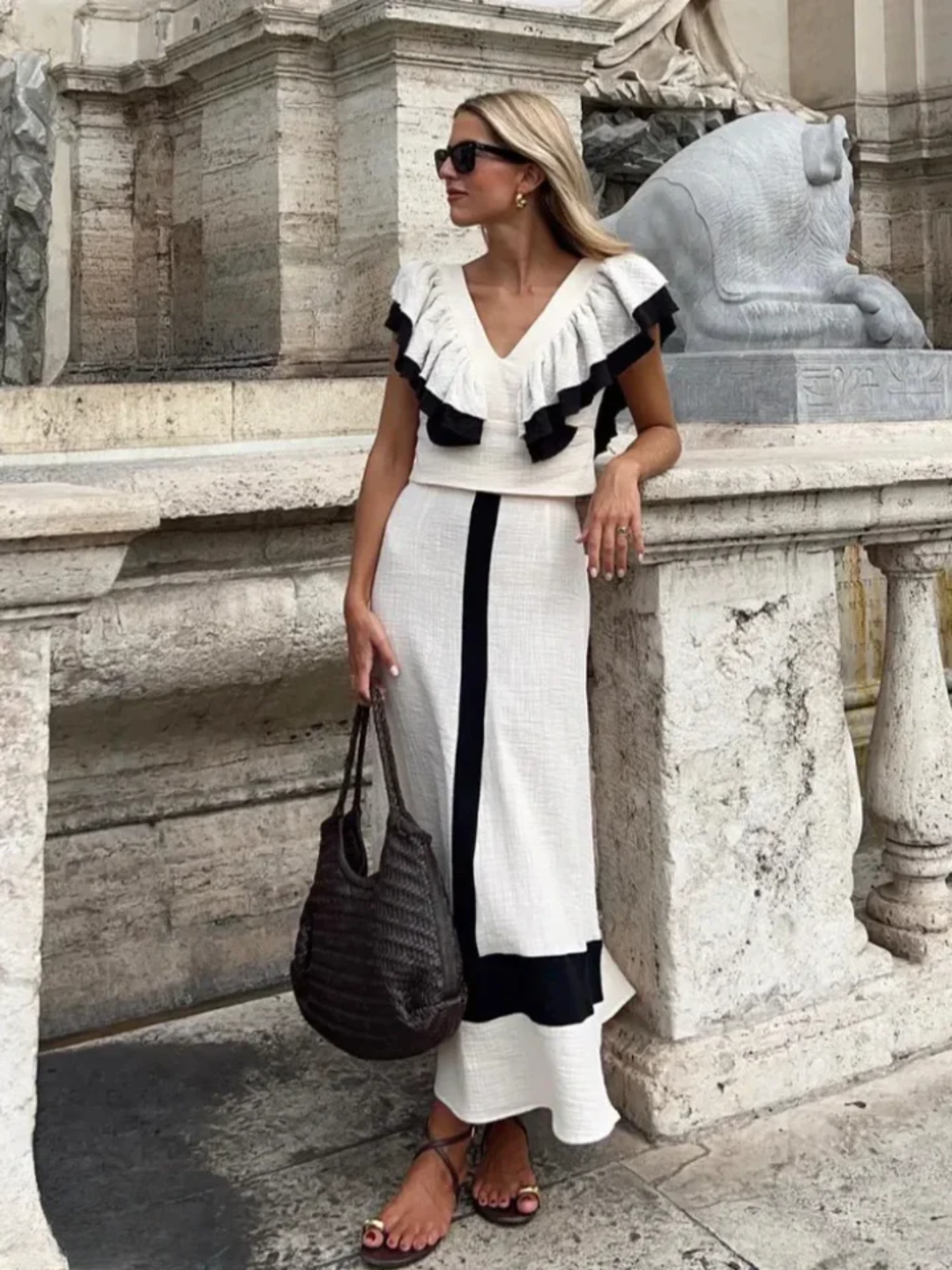 Grietje - Linen Ruffle Top &amp; Contrast Skirt Set