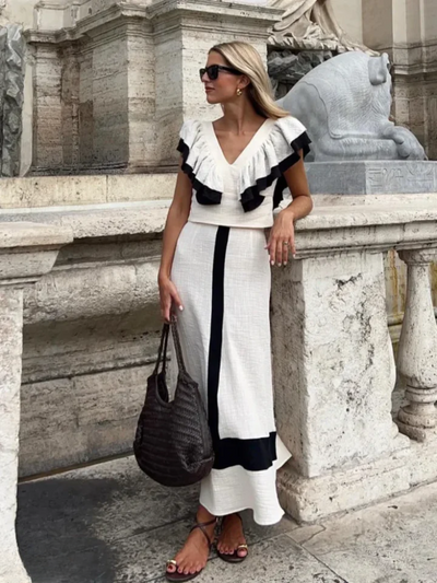 Grietje - Linen Ruffle Top &amp; Contrast Skirt Set