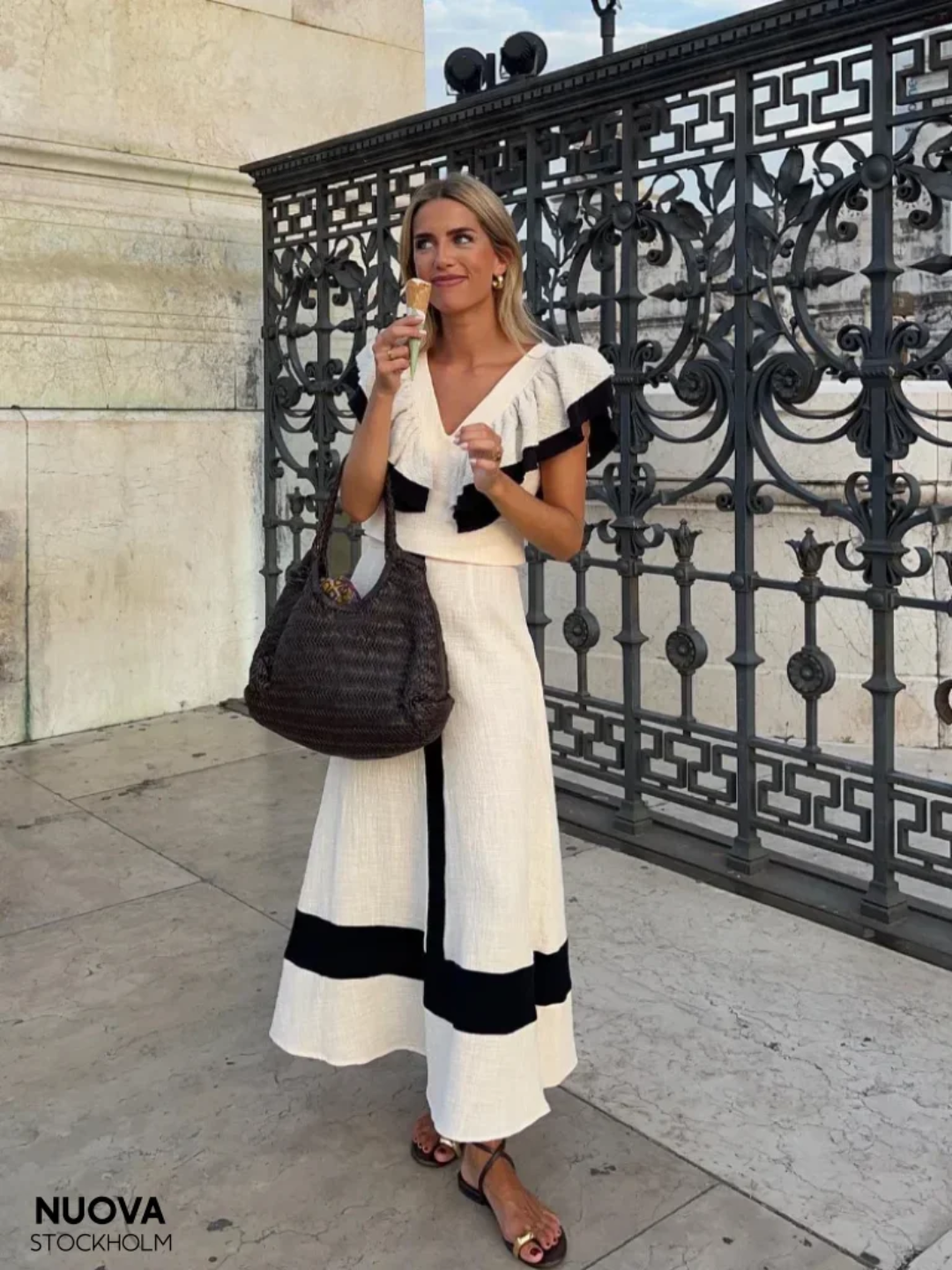 Grietje - Linen Ruffle Top &amp; Contrast Skirt Set