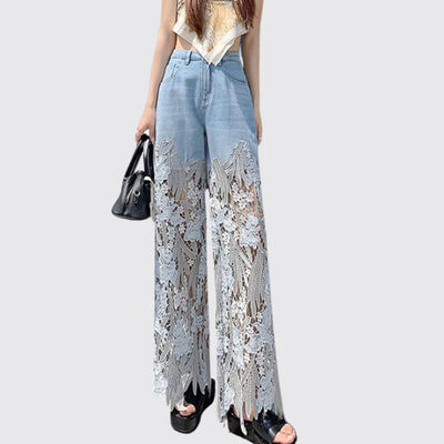 Frideswide - High-waisted denim trousers with lace details