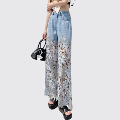 Frideswide - High-waisted denim trousers with lace details