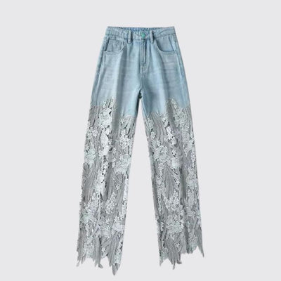 Frideswide - High-waisted denim trousers with lace details