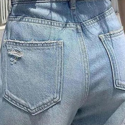 Frideswide - High-waisted denim trousers with lace details