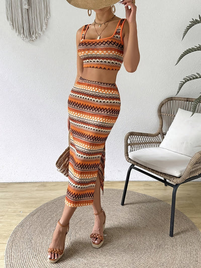 Vanessa | Trendy Tweedelige Set met Boho Print en Midi-Rok