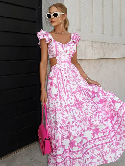 Sally - Lange roze jurk met bloemenprint