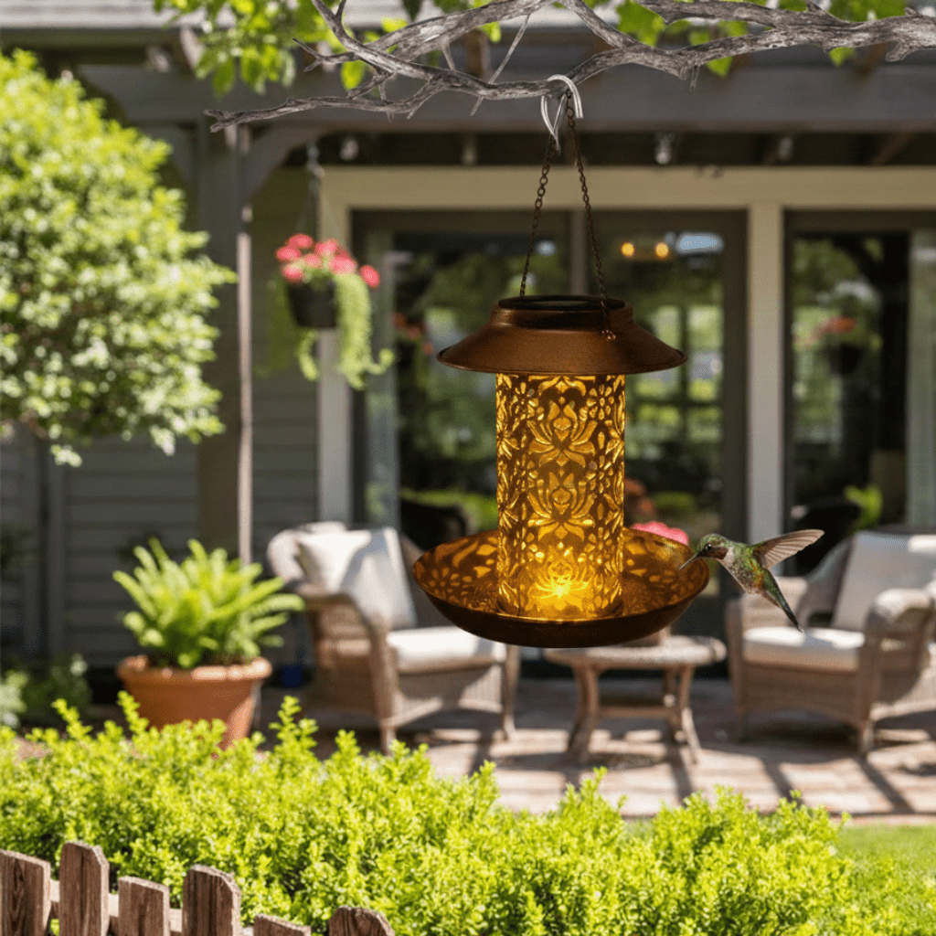 Aviora – Vintage Cylindrical Solar LED Bird Feeder Pendant Light