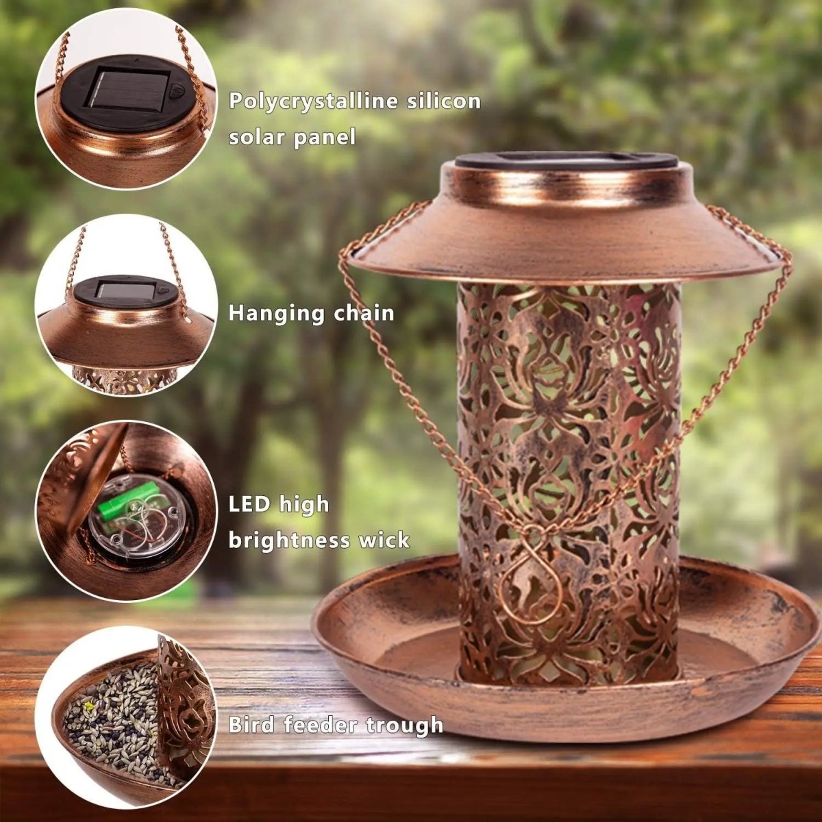 Aviora – Vintage Cylindrical Solar LED Bird Feeder Pendant Light