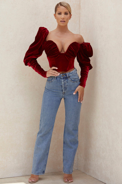 Helviora - Wine Red Velvet Corset with Long Puff Sleeves