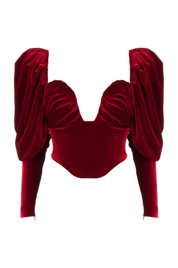 Helviora - Wine Red Velvet Corset with Long Puff Sleeves