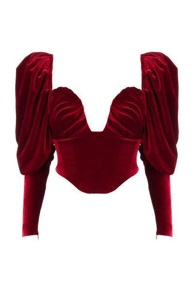 Helviora - Wine Red Velvet Corset with Long Puff Sleeves