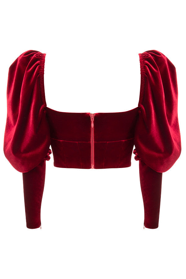 Helviora - Wine Red Velvet Corset with Long Puff Sleeves