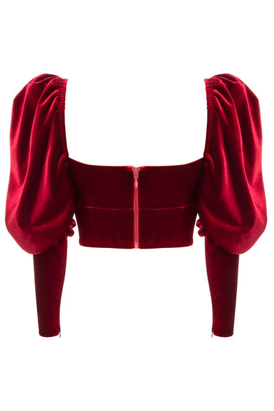 Helviora - Wine Red Velvet Corset with Long Puff Sleeves